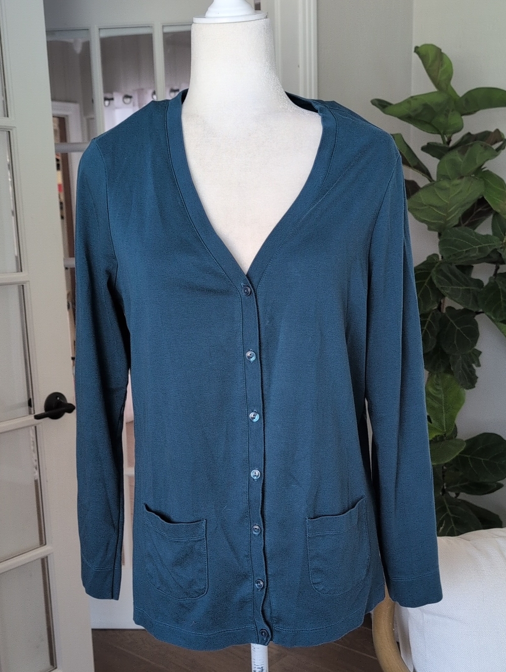 Vintage LL Bean V-Neck Button-Front Women's Sweater Cardigan in Teal Large